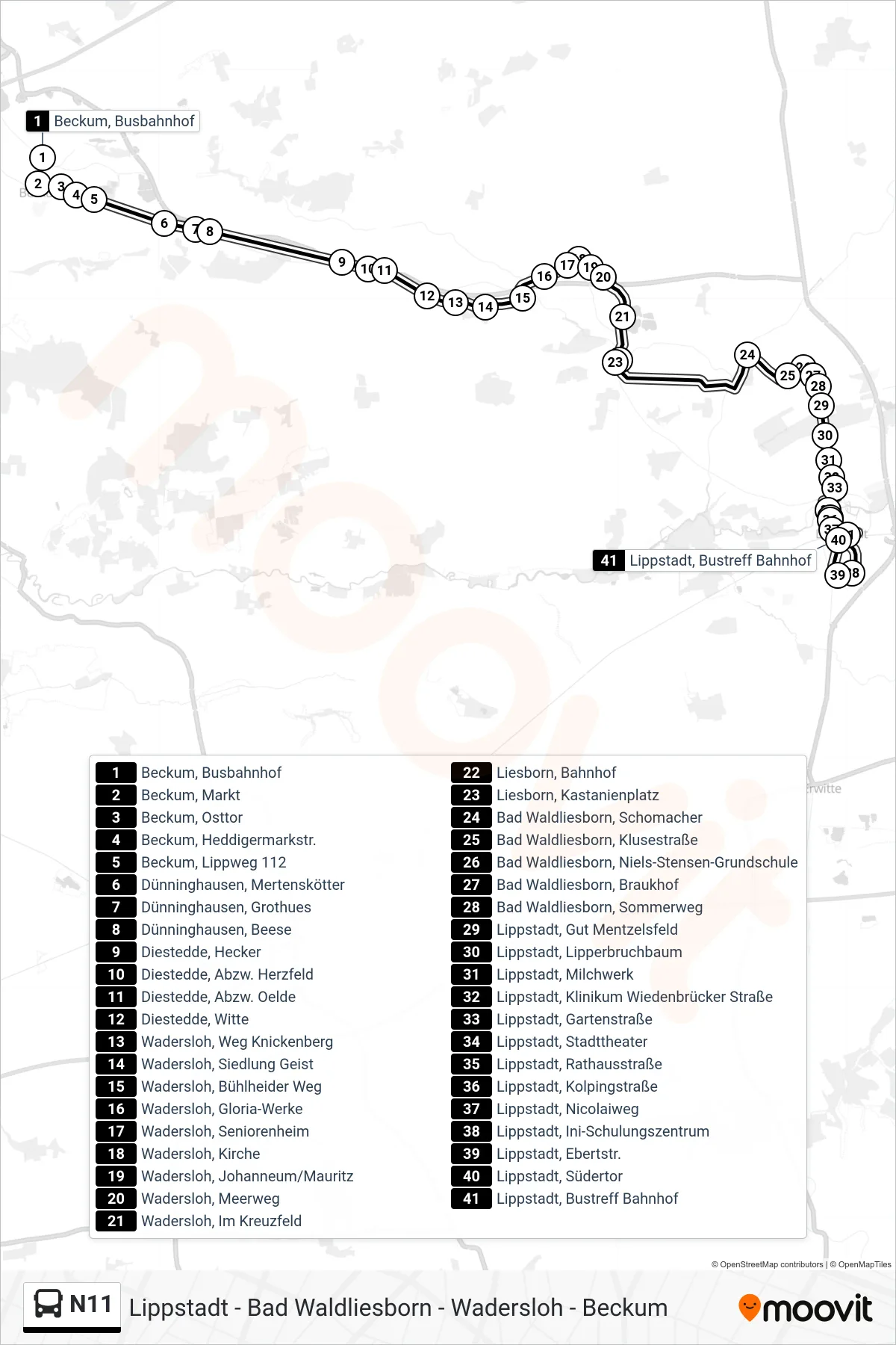 Linie N11 (Bus) Richtung Lippstadt, Bustreff Bahnhof D: Route und Haltestellen auf der Karte