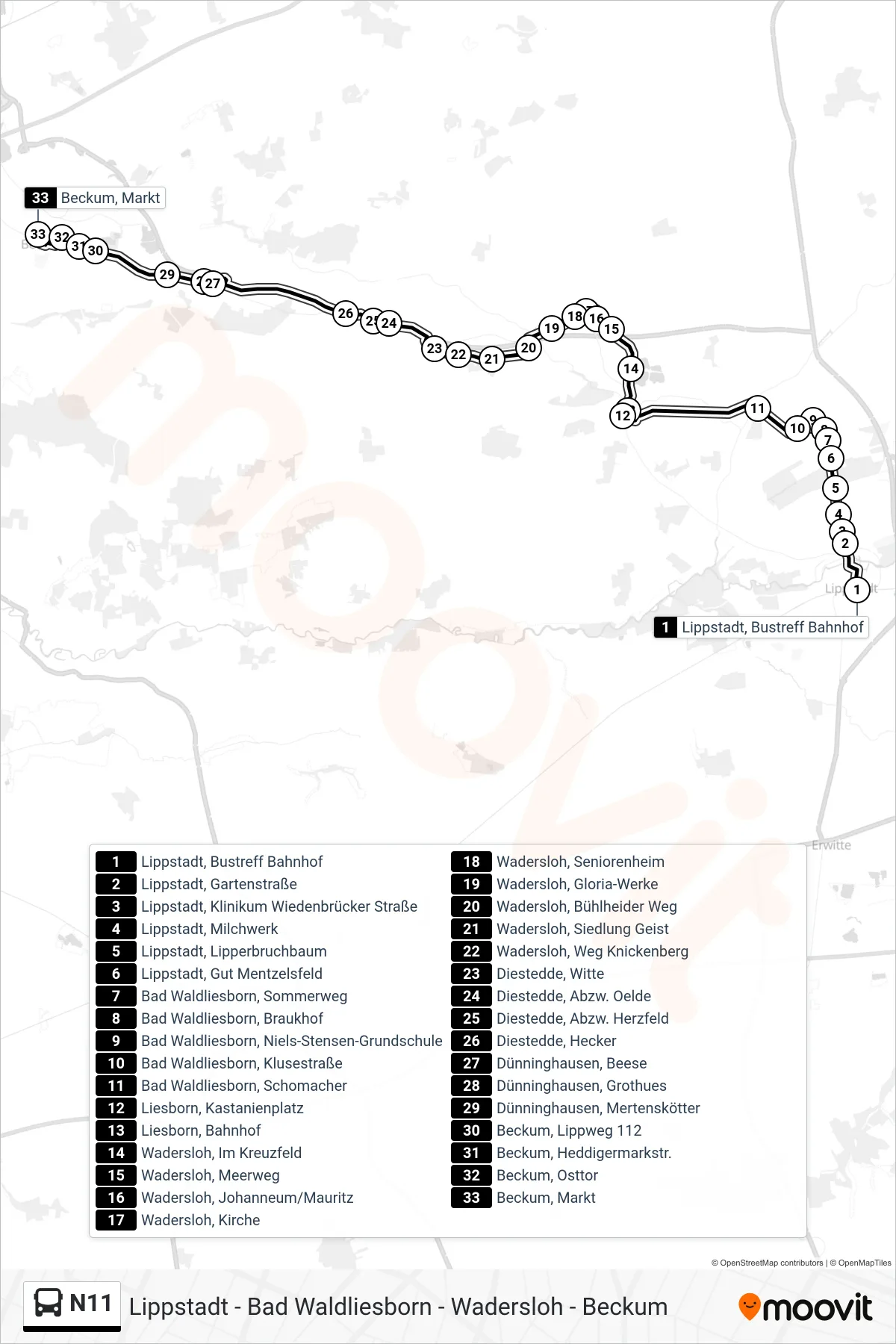 N11 bus Line (Beckum, Markt) route and stops on a map