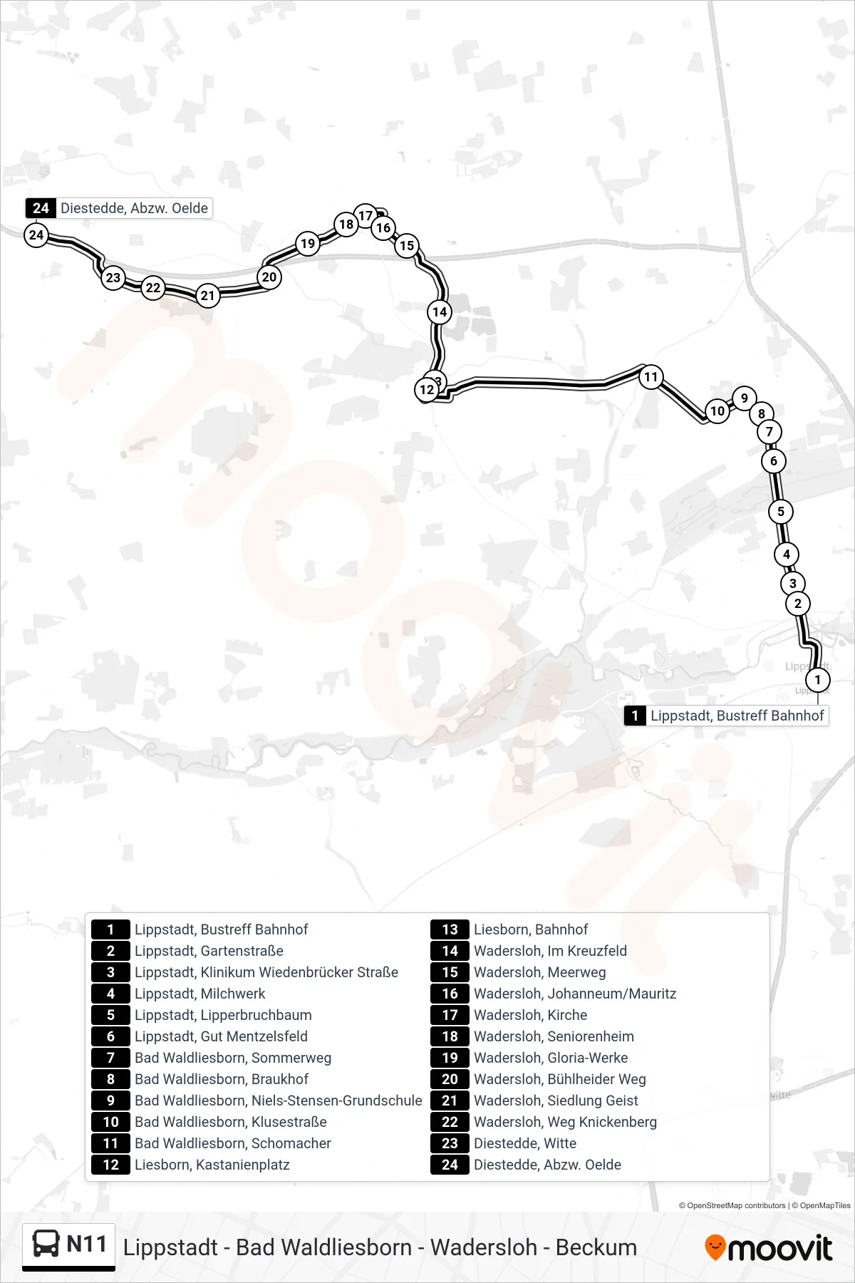 N11 bus Line (Diestedde, Abzw. Oelde) route and stops on a map