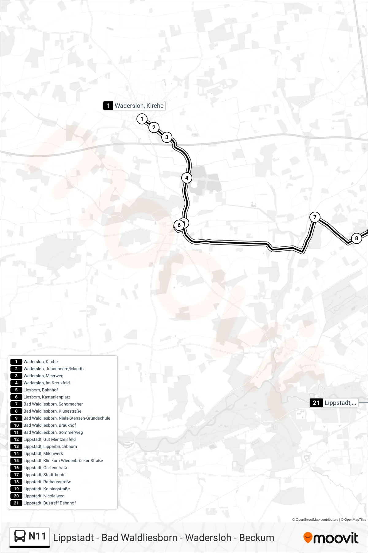 Linie N11 (Bus) Richtung Lippstadt, Bustreff Bahnhof F: Route und Haltestellen auf der Karte