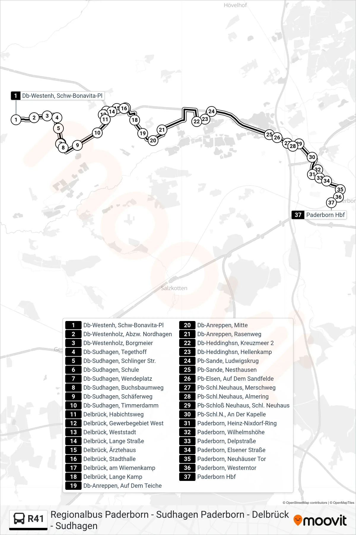 R41 bus Line (Paderborn Hbf Bstg B) route and stops on a map
