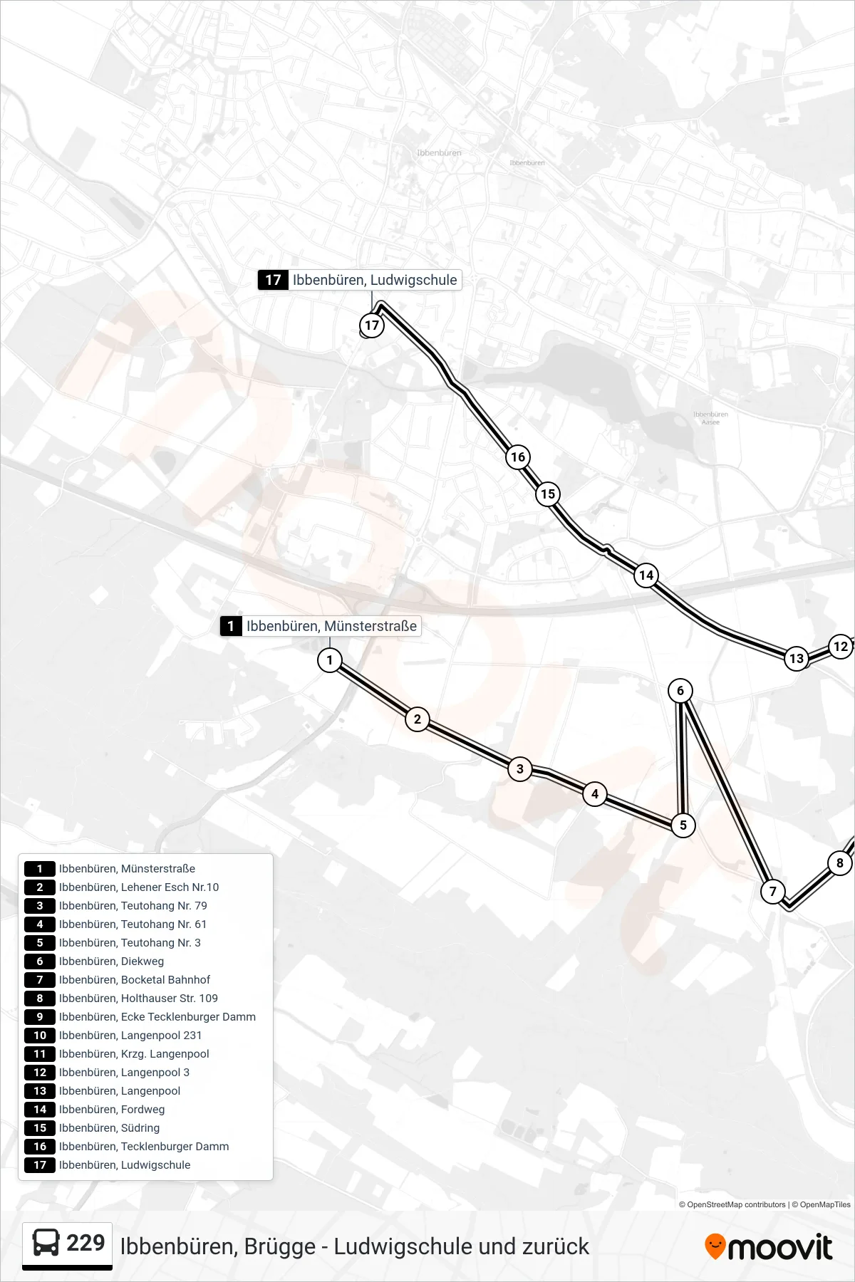 Linie 229 (Bus) Richtung Ibbenbüren, Ludwigschule: Route und Haltestellen auf der Karte
