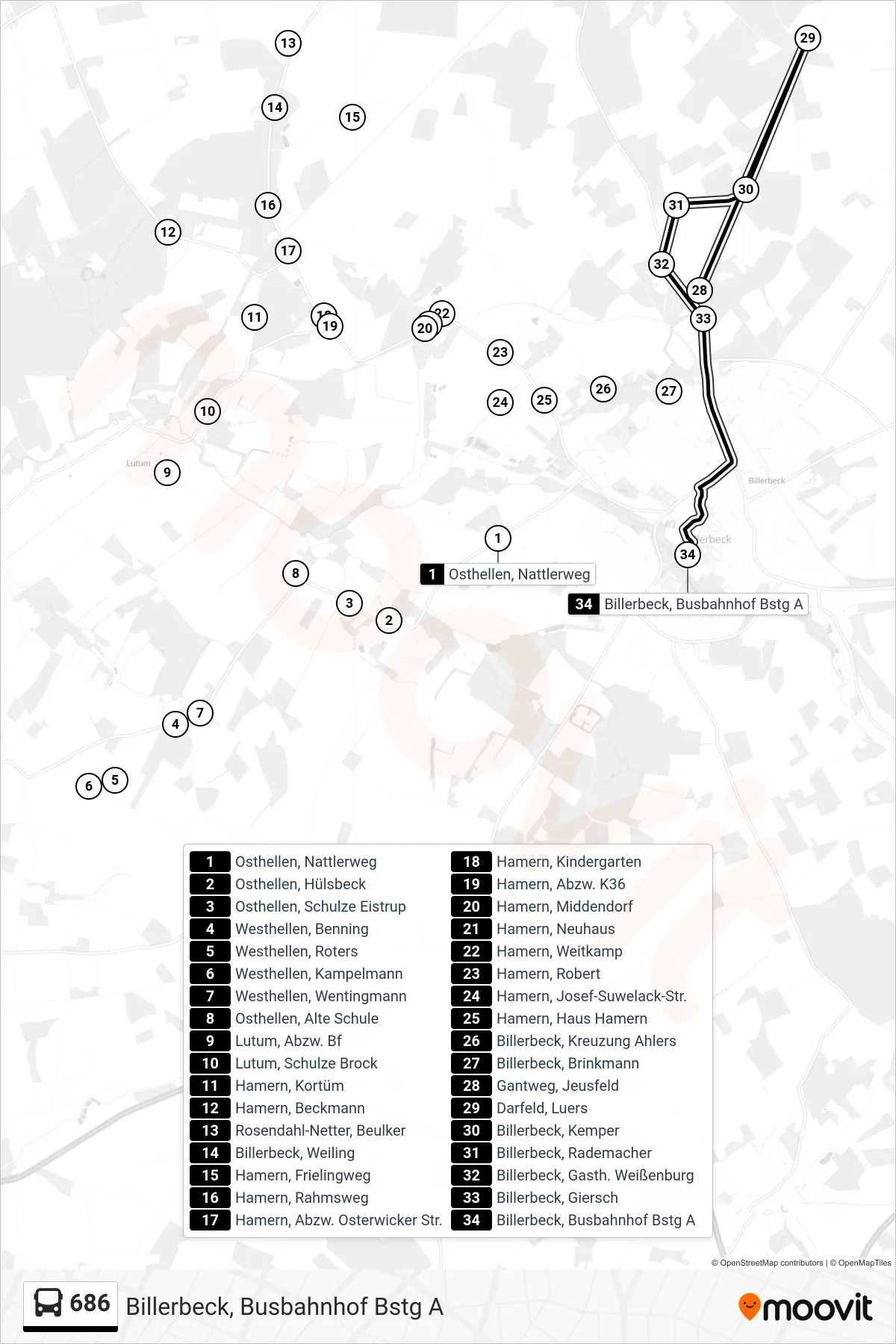 Linie 686 (Bus) Richtung Billerbeck, Busbahnhof Bstg A: Route und Haltestellen auf der Karte