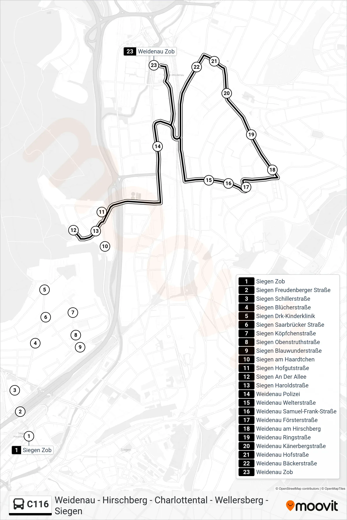 Linie C116 (Bus) Richtung Weidenau Zob Bstg 4b: Route und Haltestellen auf der Karte