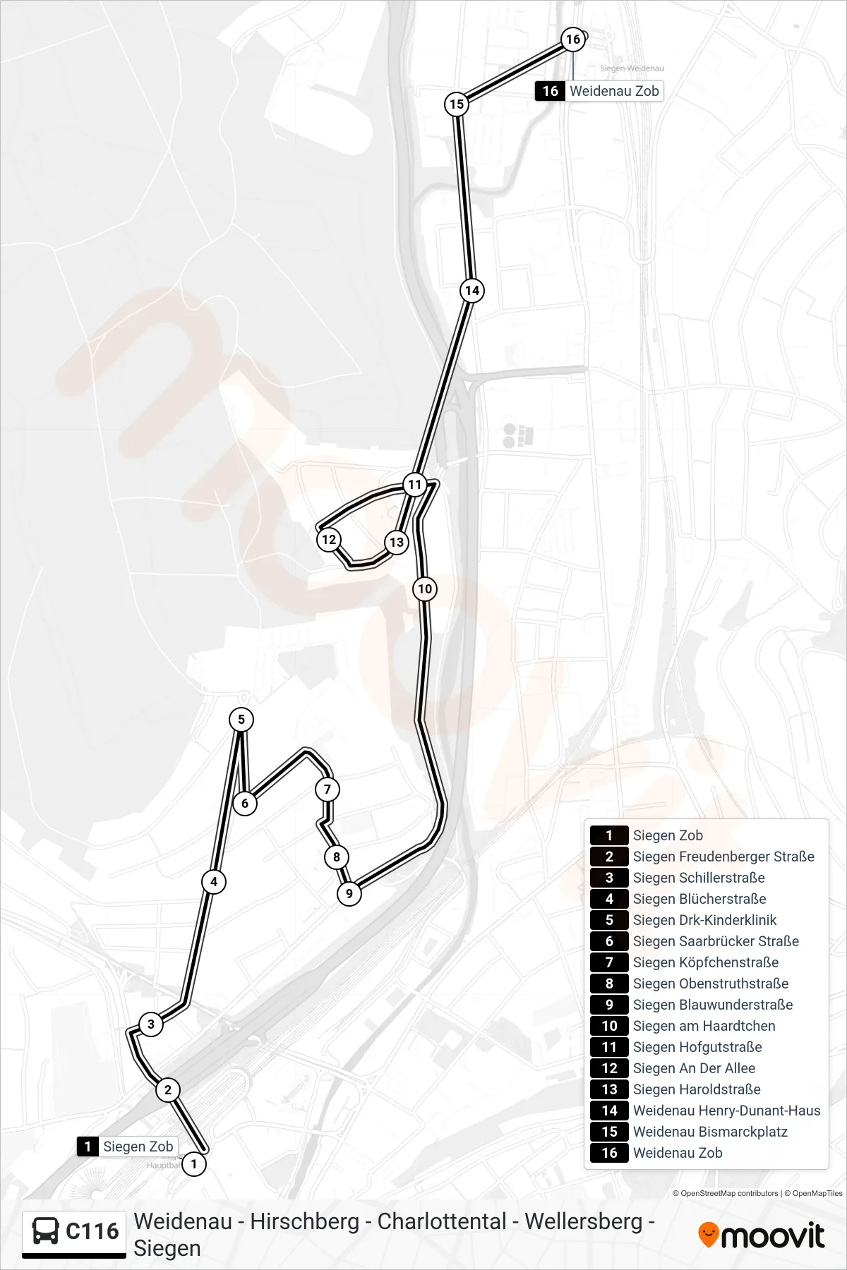 C116 bus Line (Weidenau Zob Bstg 4a) route and stops on a map