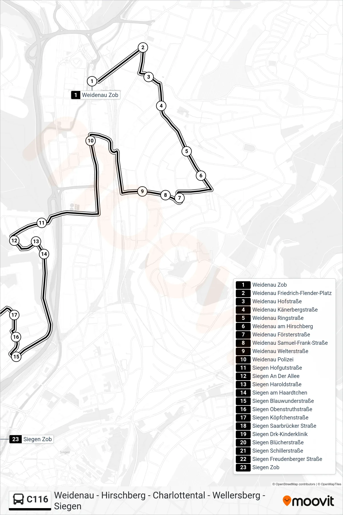 C116 bus Line (Siegen Zob Bstg B) route and stops on a map