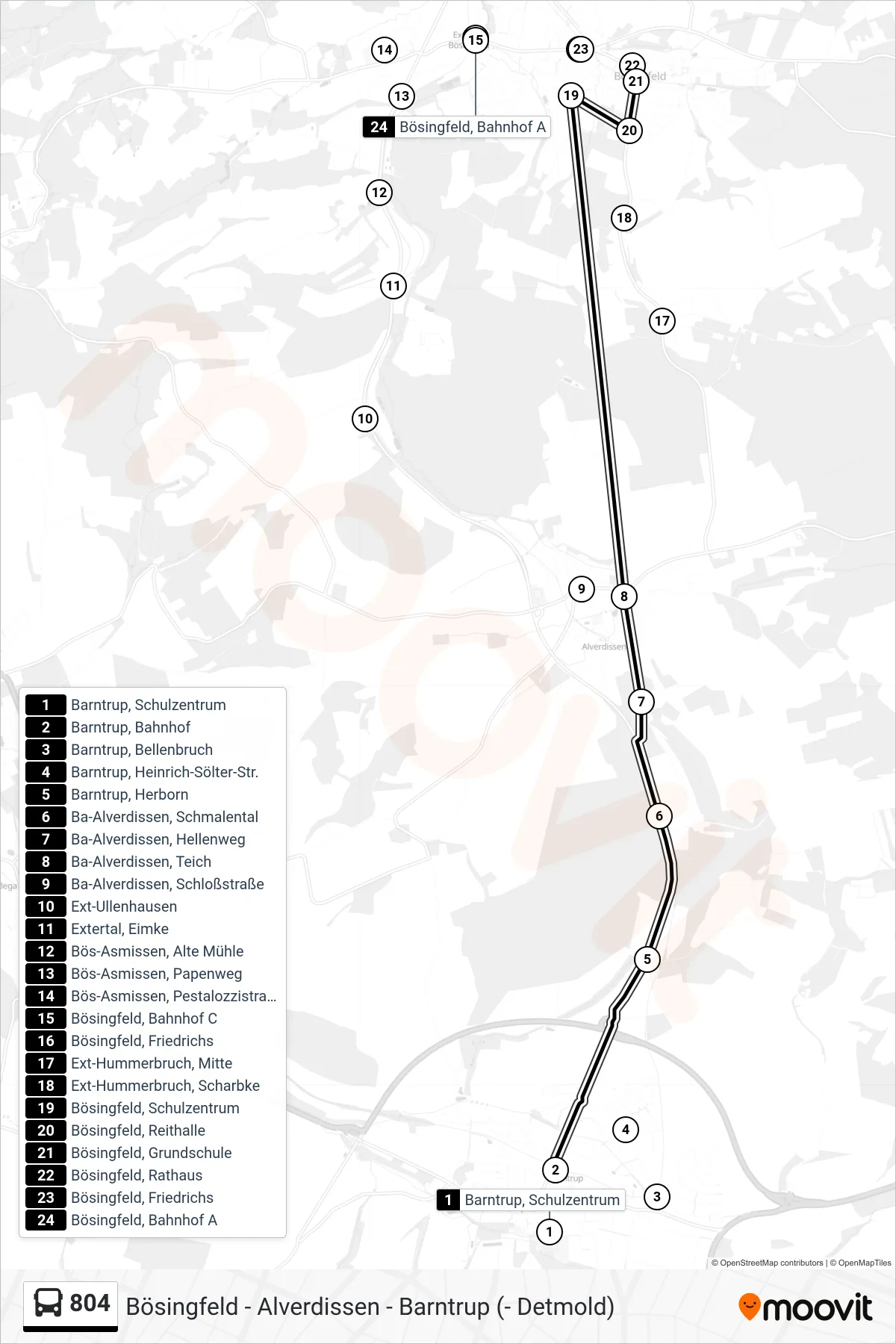 804 bus Line (Bösingfeld) route and stops on a map