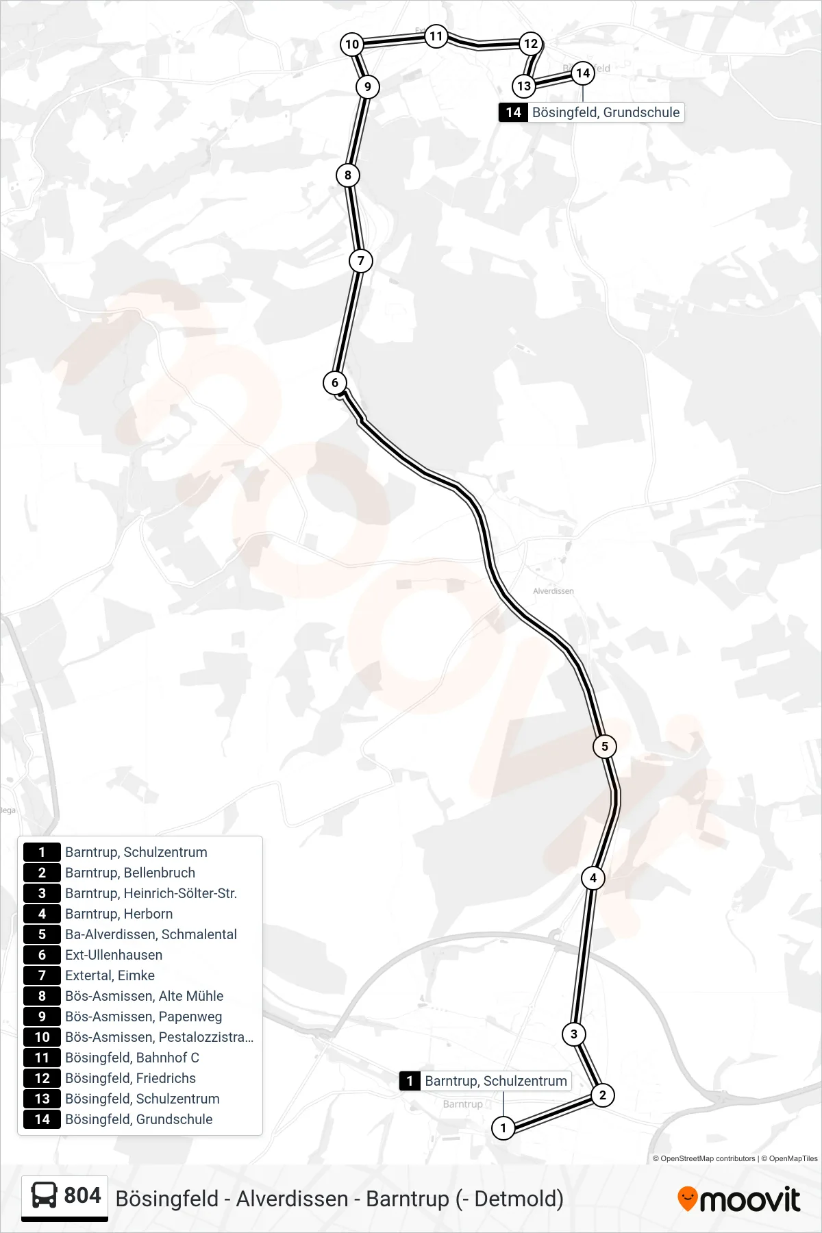 Linie 804 (Bus) Richtung Bösingfeld, Grundschule: Route und Haltestellen auf der Karte