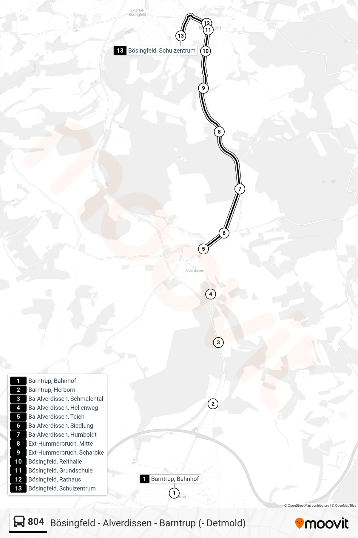 804 bus Line (Bösingfeld, Schulzentrum) route and stops on a map