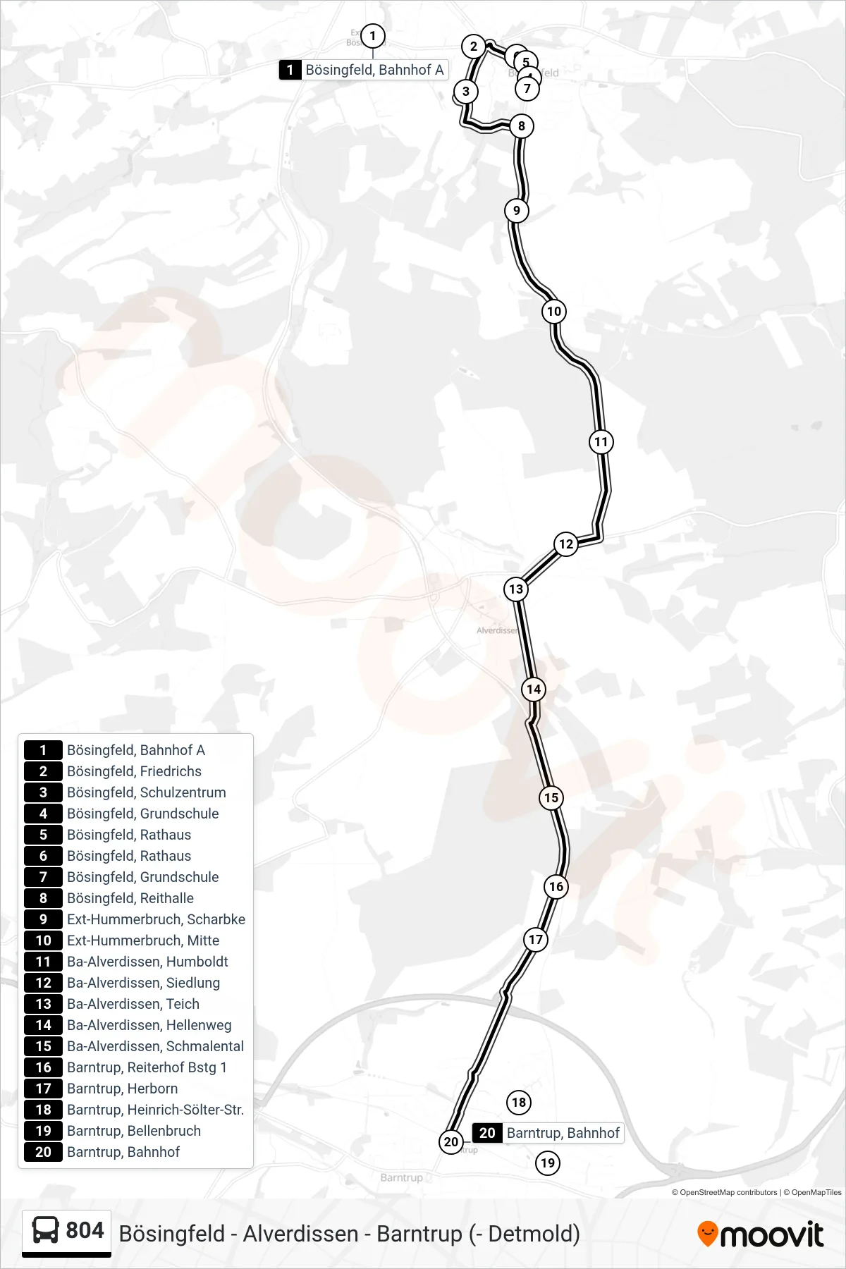 804 bus Line (Barntrup, Bahnhof) route and stops on a map