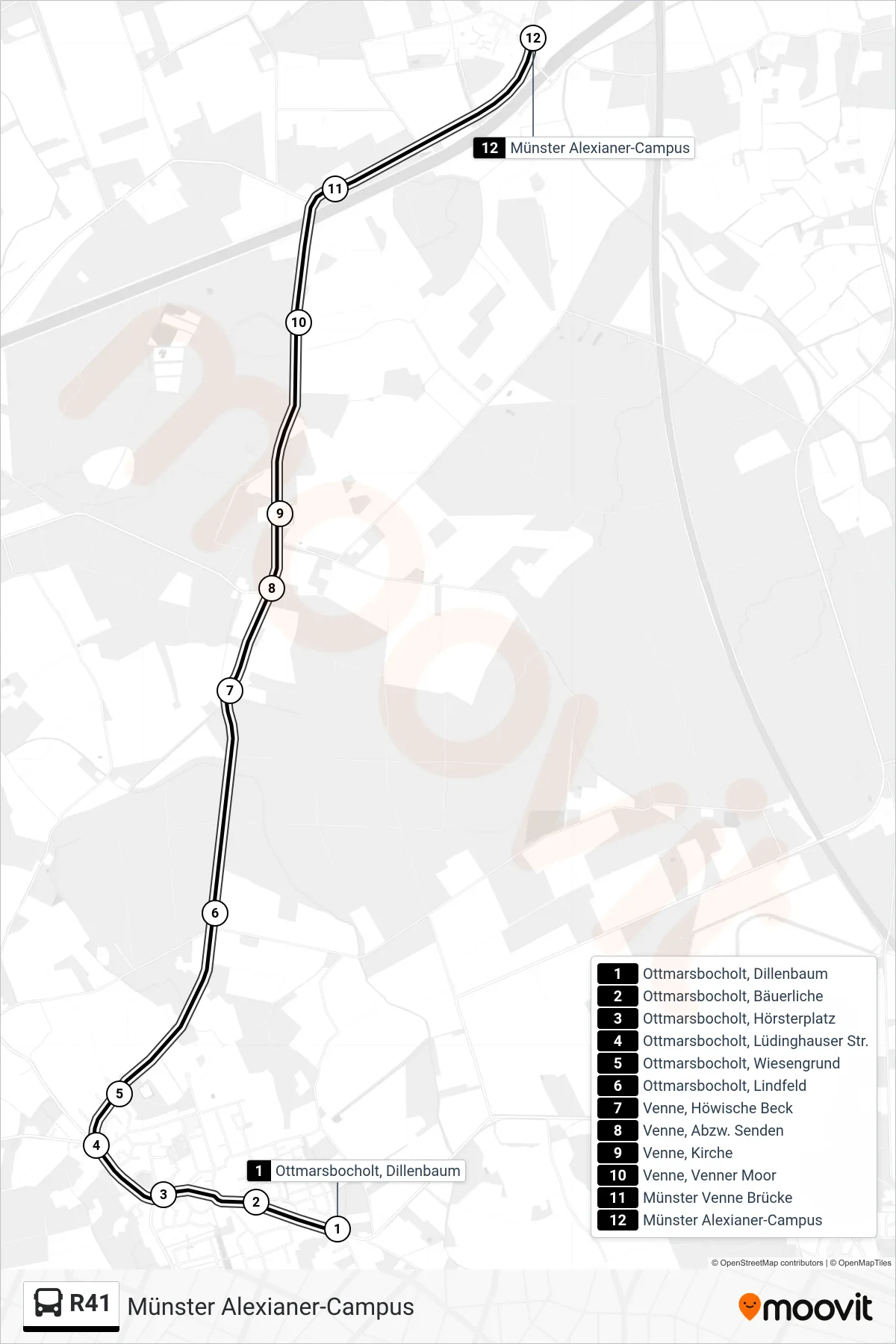 Linie R41 (Bus) Richtung Münster Alexianer-Campus: Route und Haltestellen auf der Karte