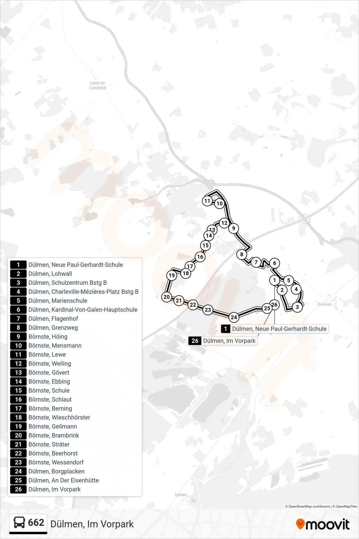 662 bus Line (Dülmen, Im Vorpark) route and stops on a map