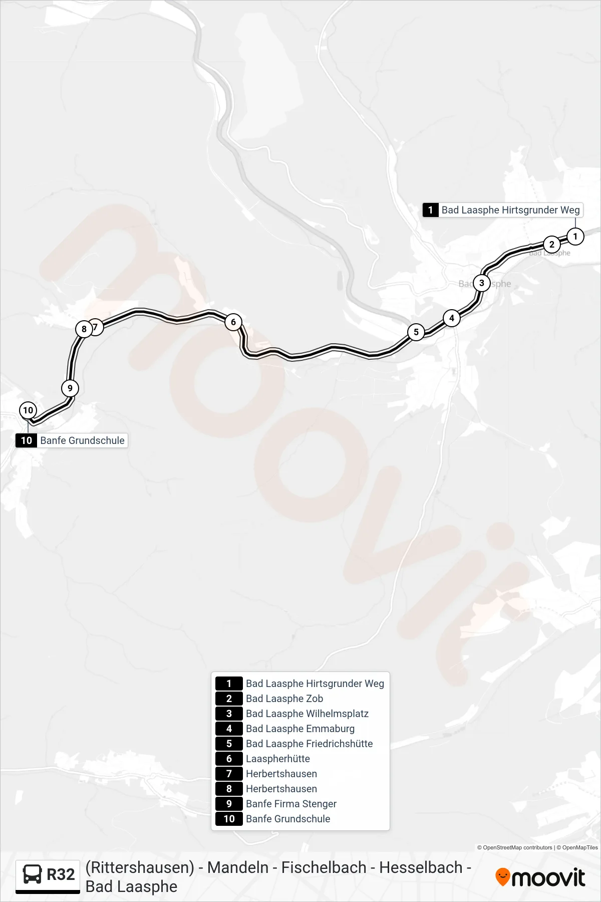 R32 bus Line (Banfe Grundschule) route and stops on a map