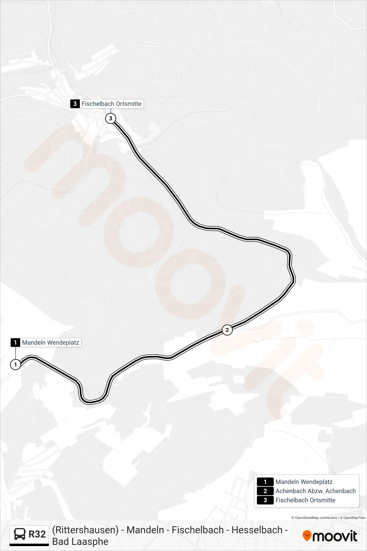 R32 bus Line (Fischelbach Ortsmitte) route and stops on a map