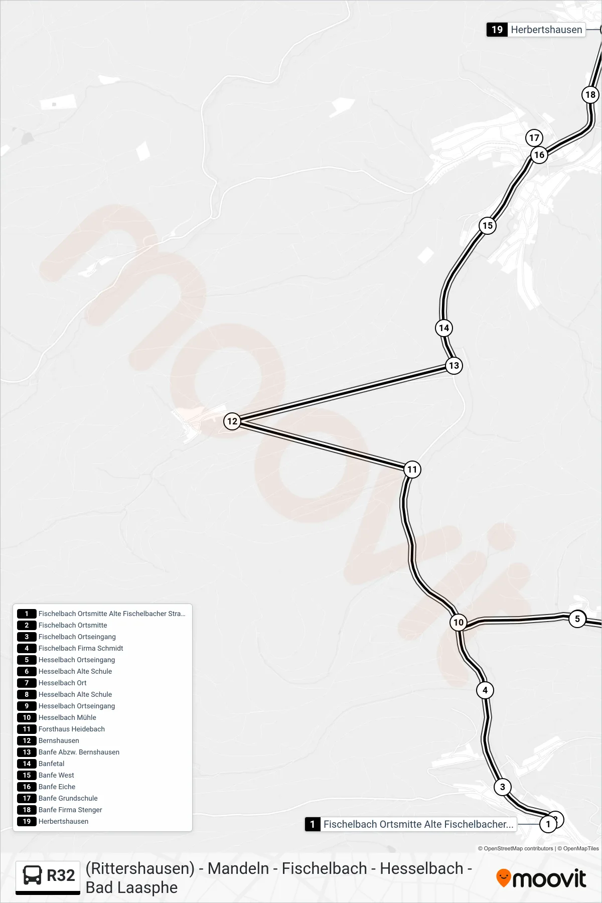 R32 bus Line (Herbertshausen) route and stops on a map