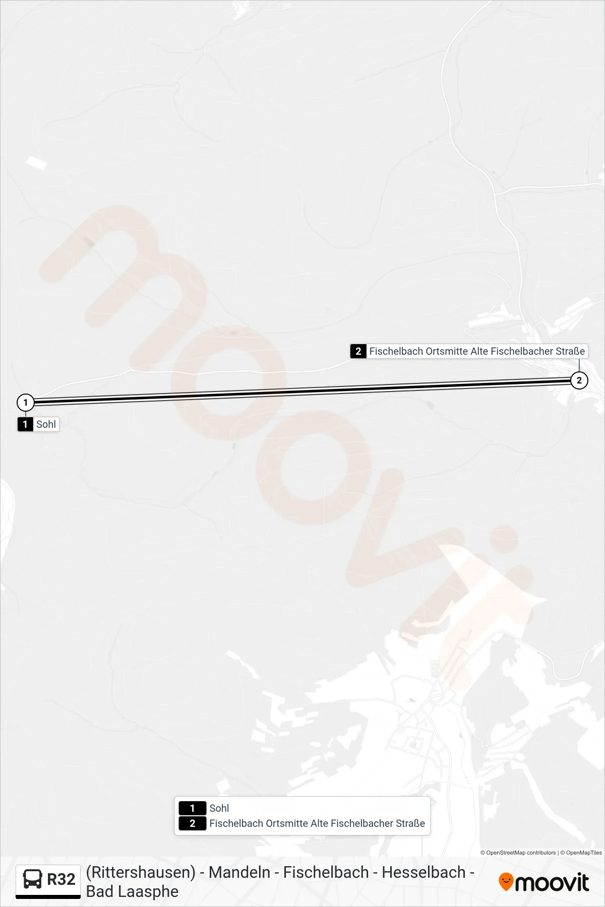 R32 bus Line (Fischelbach Ortsmitte Alte Fischelbacher Straße) route and stops on a map