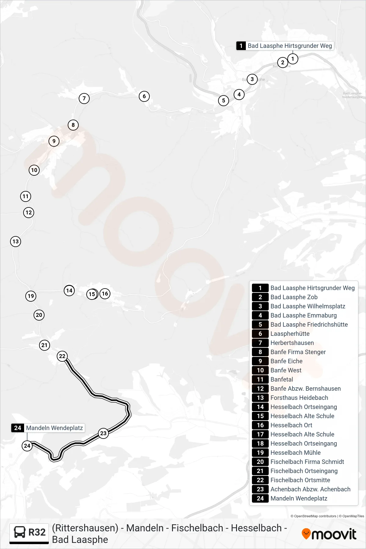 R32 bus Line (Mandeln Wendeplatz) route and stops on a map