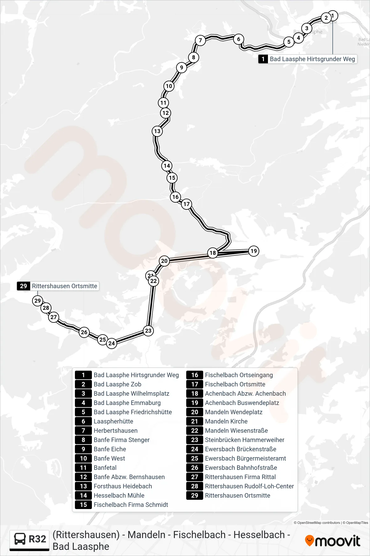 R32 bus Line (Rittershausen Ortsmitte) route and stops on a map