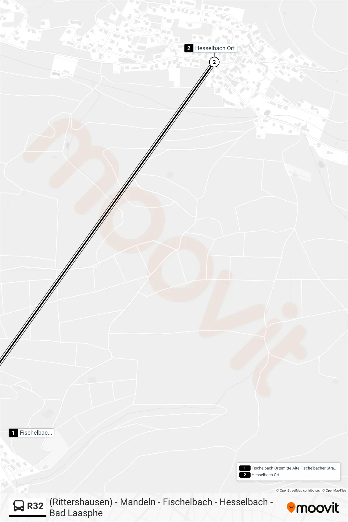 R32 bus Line (Hesselbach Ort) route and stops on a map