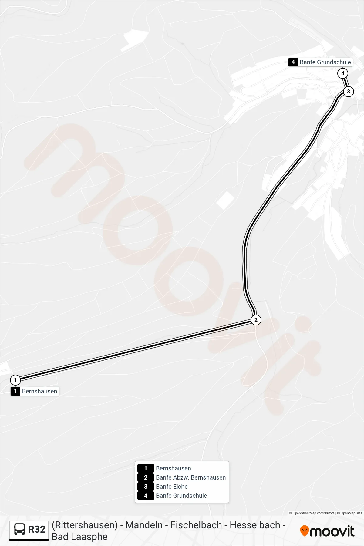 R32 bus Line (Banfe Grundschule) route and stops on a map