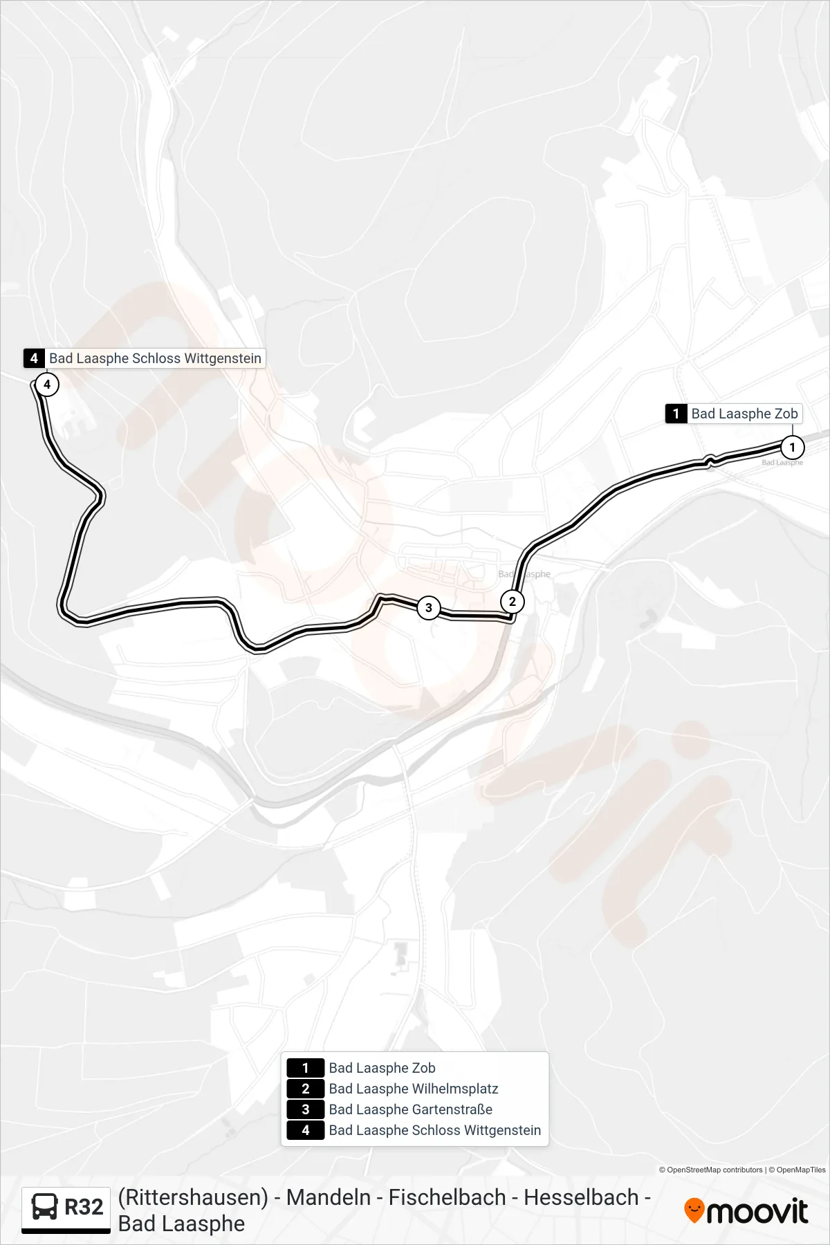 R32 bus Line (Bad Laasphe Schloss Wittgenstein) route and stops on a map
