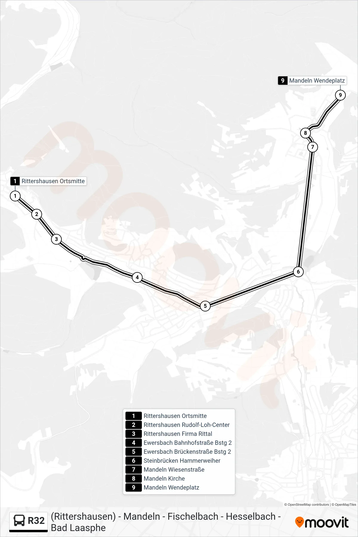 R32 bus Line (Mandeln Wendeplatz) route and stops on a map