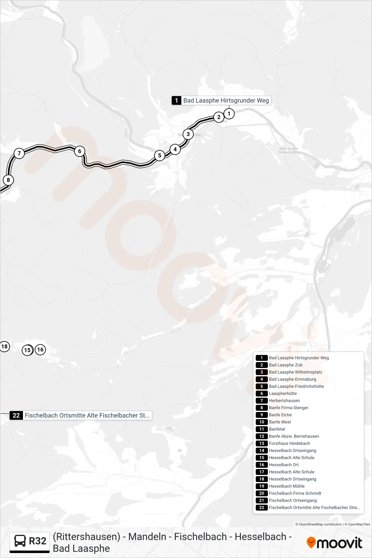 R32 bus Line (Fischelbach Ortsmitte Alte Fischelbacher Straße) route and stops on a map