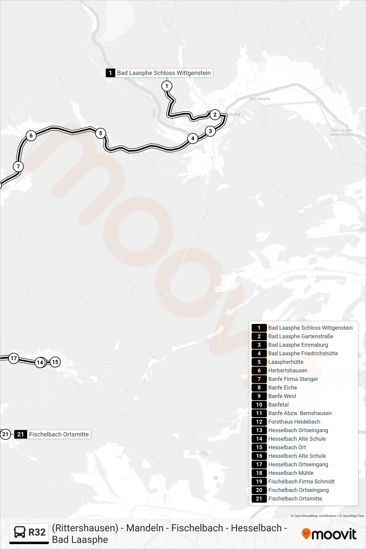R32 bus Line (Fischelbach Ortsmitte) route and stops on a map