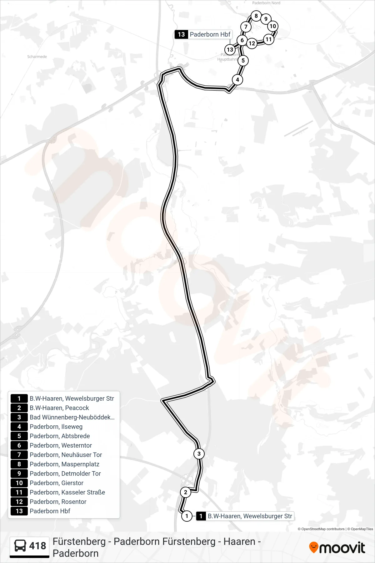 418 bus Line (Paderborn Hbf Bstg B) route and stops on a map