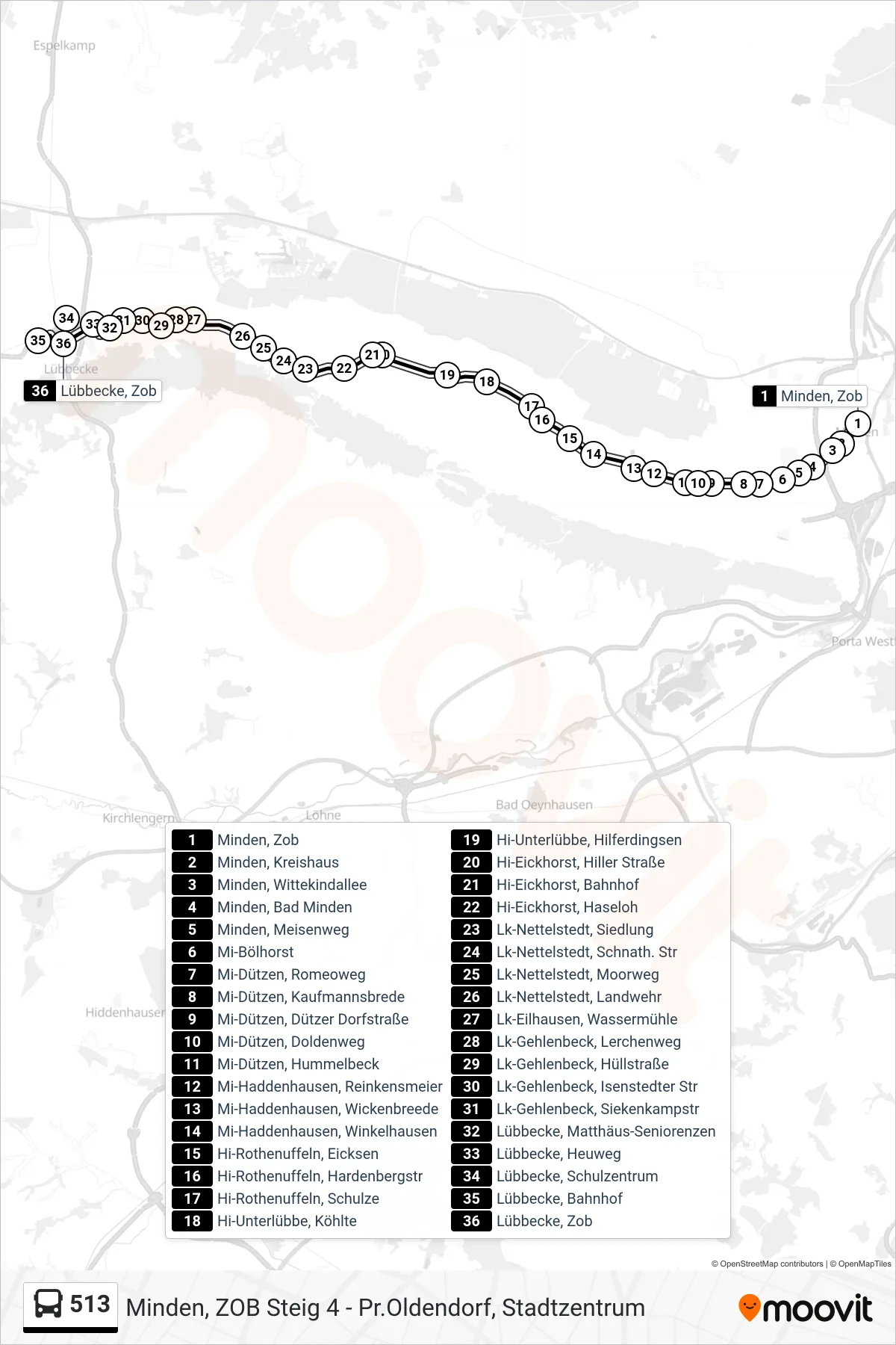 513 bus Line (Lübbecke Bahnhof) route and stops on a map