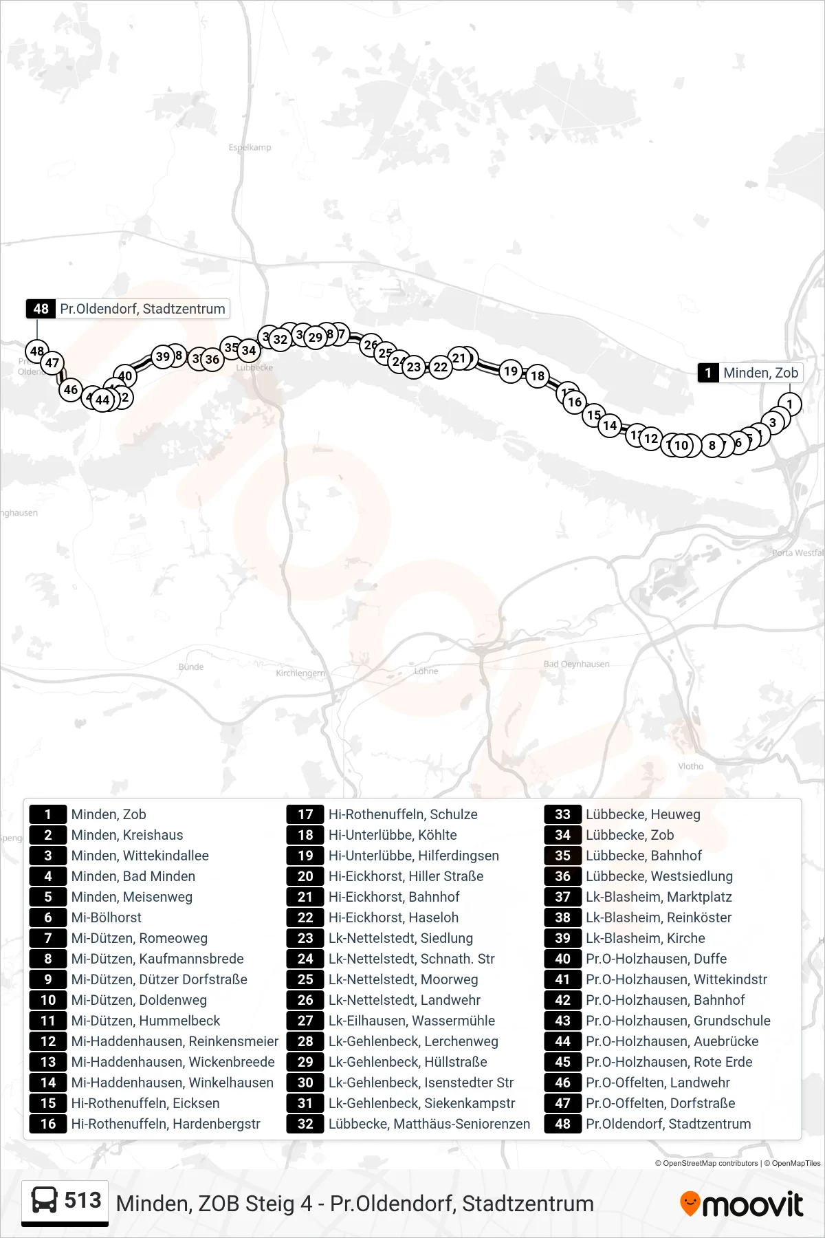 513 bus Line (Lübbecke - Pr. Oldendorf) route and stops on a map