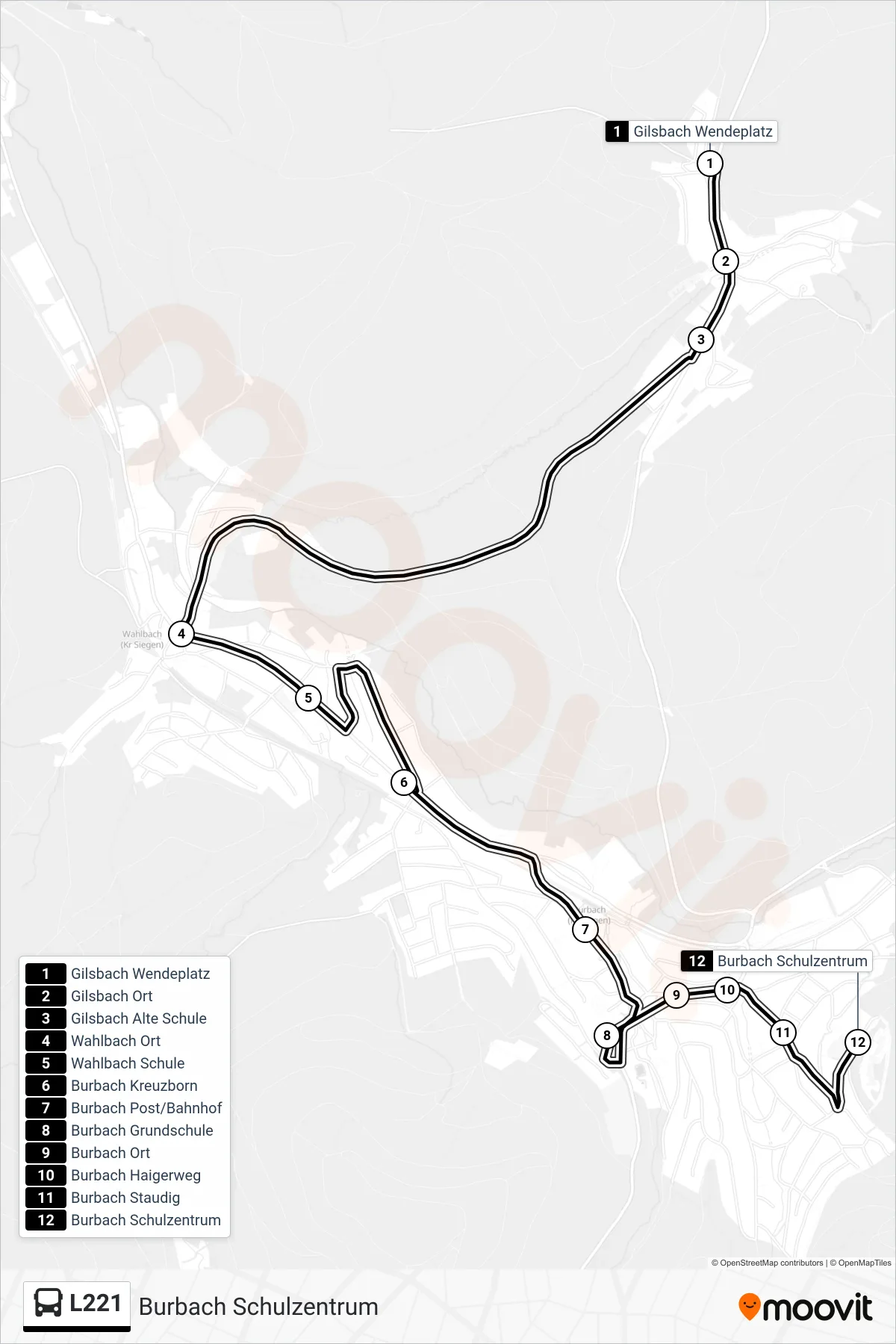 Linie L221 (Bus) Richtung Burbach Schulzentrum: Route und Haltestellen auf der Karte