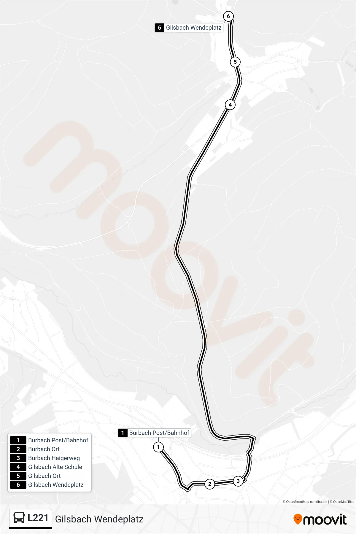 L221 bus Line (Gilsbach Wendeplatz) route and stops on a map