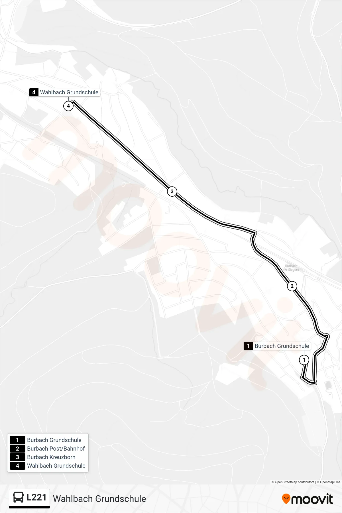 L221 bus Line (Wahlbach Grundschule) route and stops on a map