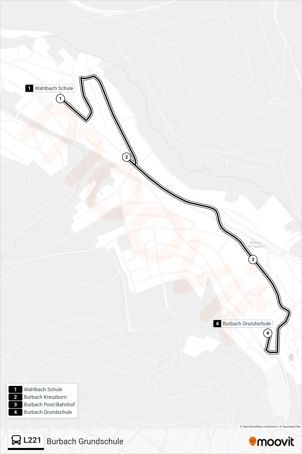 L221 bus Line (Burbach Grundschule) route and stops on a map