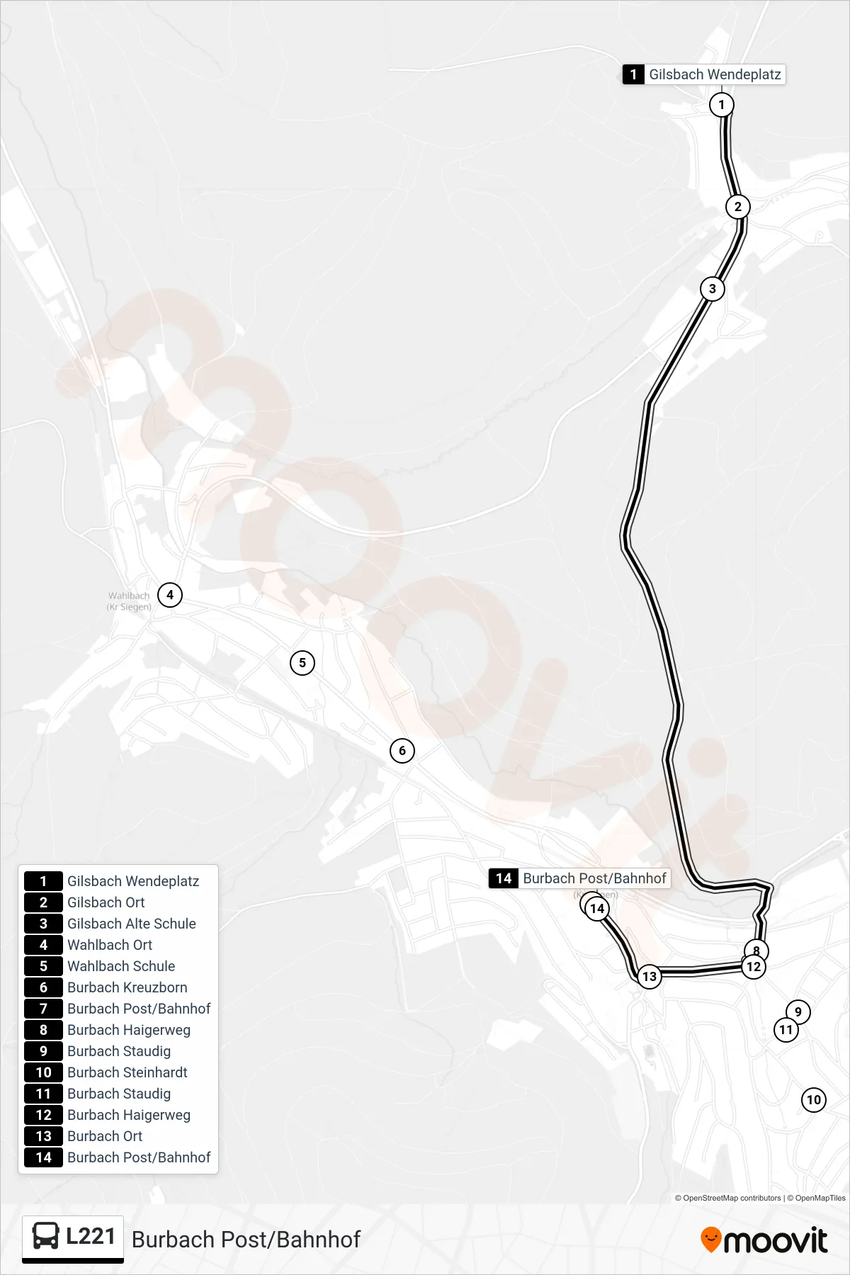 L221 bus Line (Burbach Post/Bahnhof) route and stops on a map