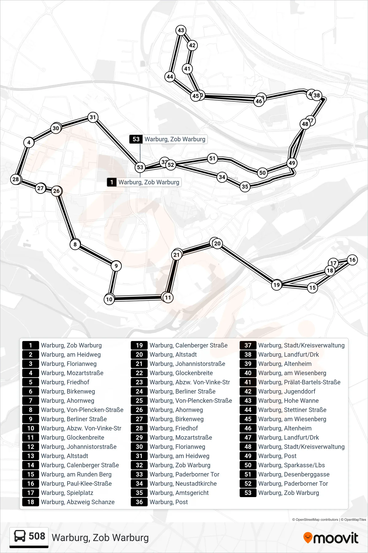 Linie 508 (Bus) Richtung Warburg, Zob Warburg: Route und Haltestellen auf der Karte