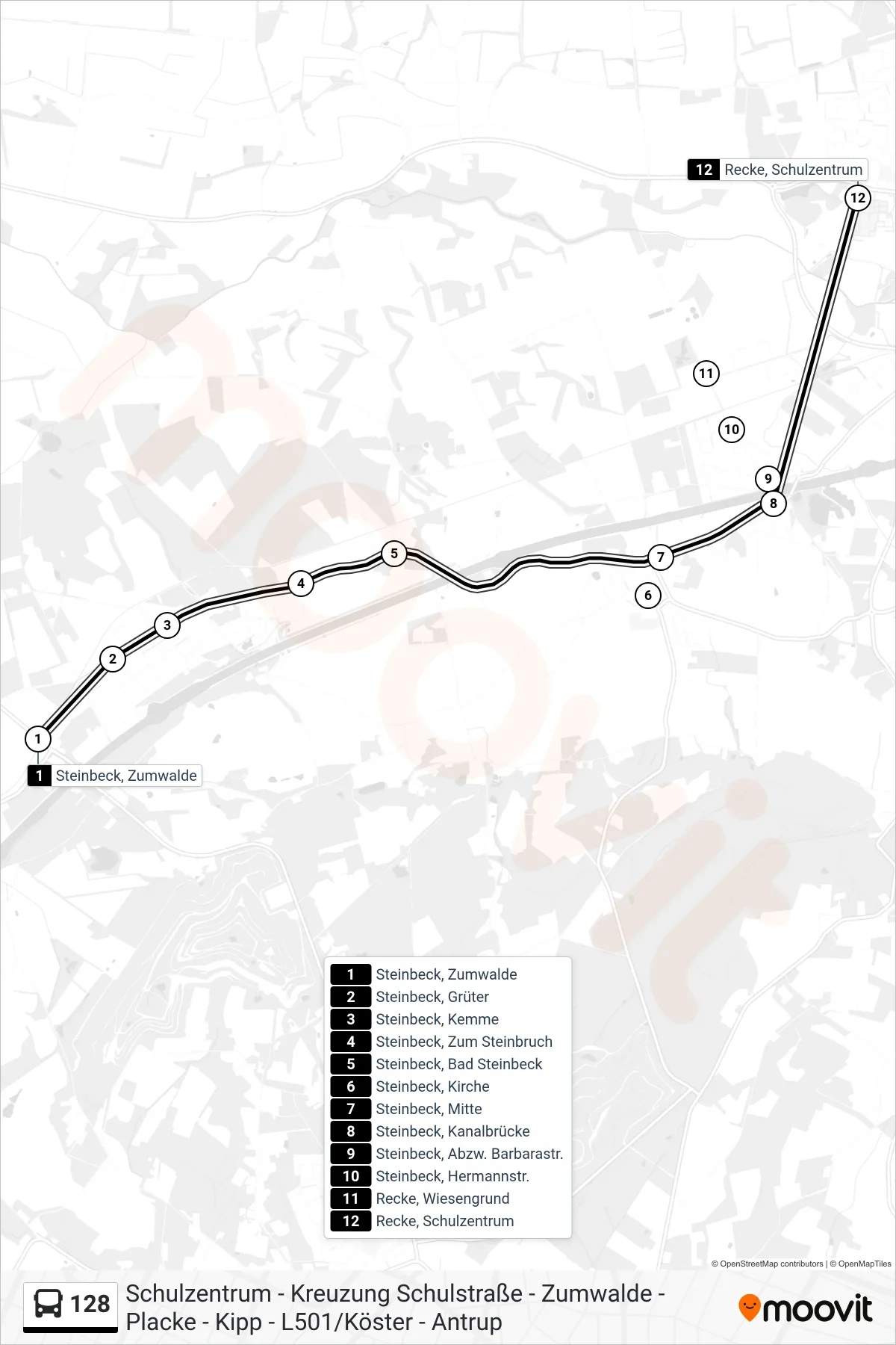 Linie 128 (Bus) Richtung Recke, Schulzentrum Bstg H7: Route und Haltestellen auf der Karte