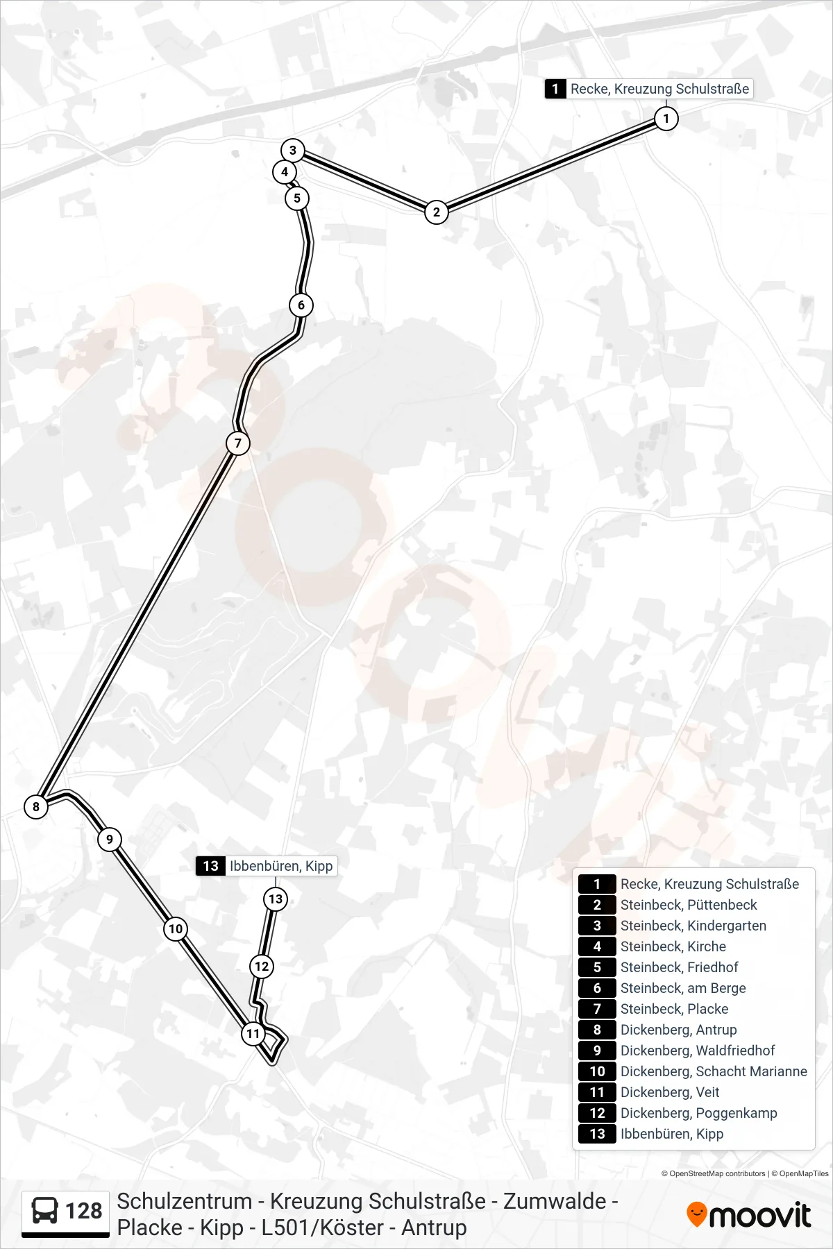 128 bus Line (Ibbenbüren, Kipp) route and stops on a map