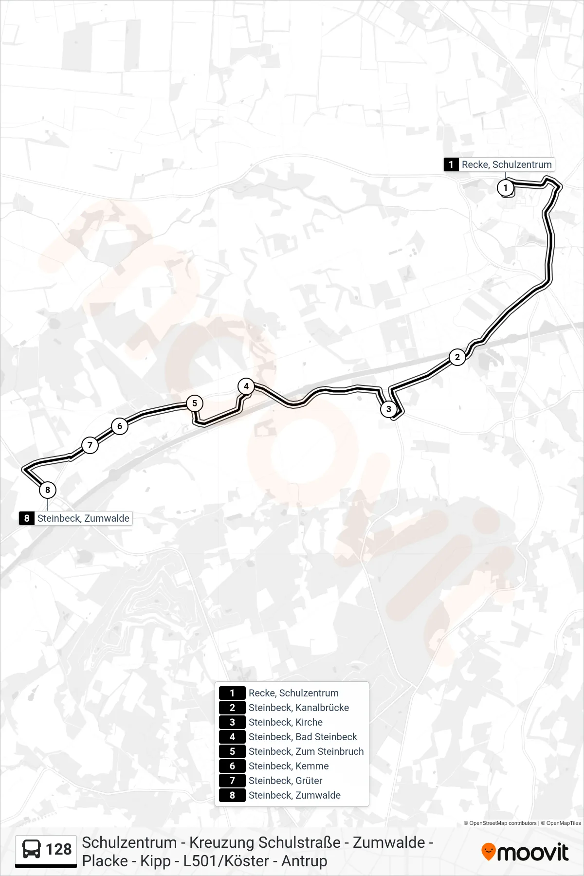 128 bus Line (Steinbeck, Zumwalde) route and stops on a map