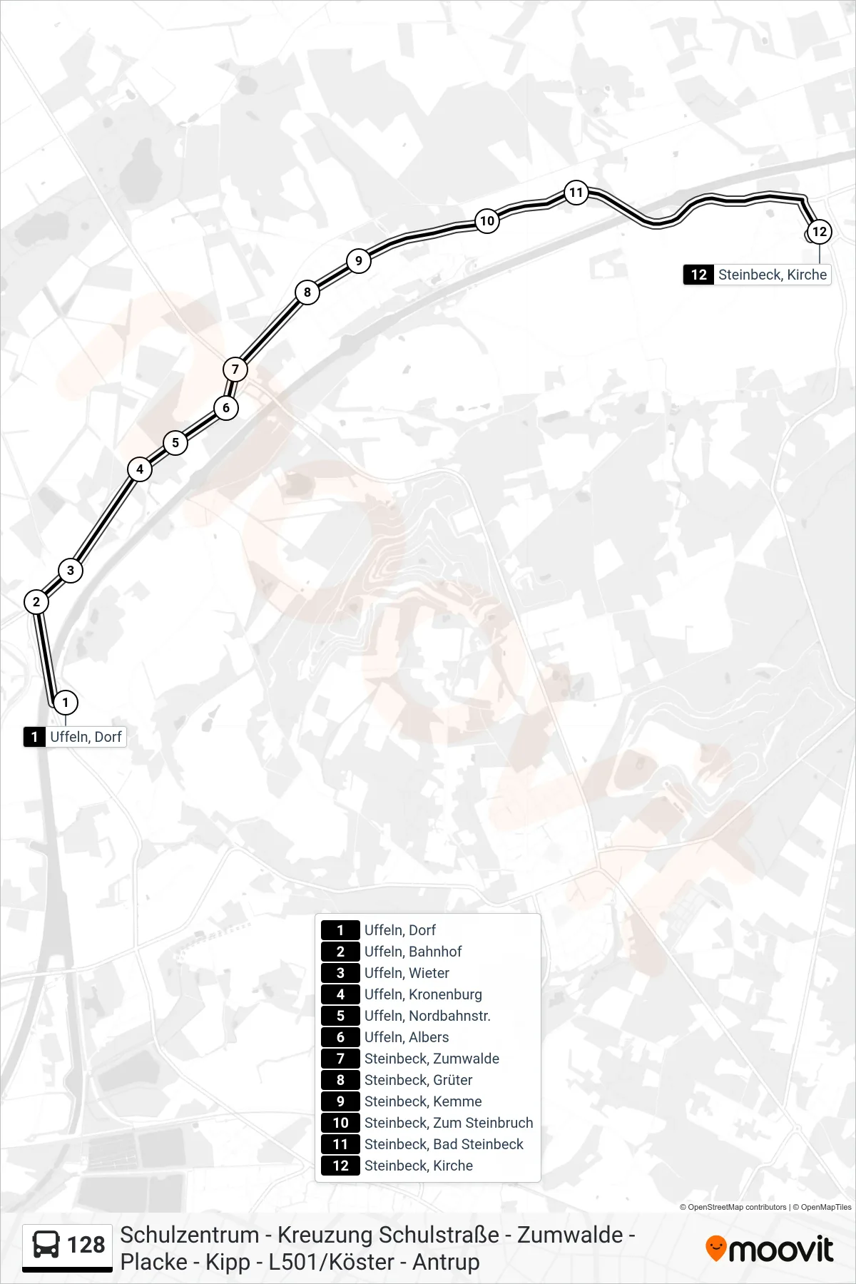 Linie 128 (Bus) Richtung Steinbeck, Kirche: Route und Haltestellen auf der Karte