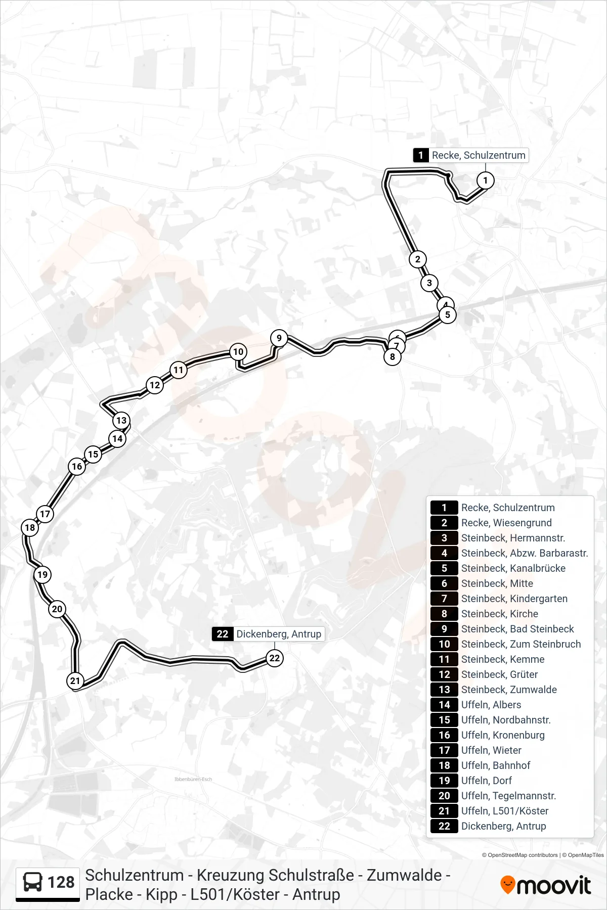 128 bus Line (Dickenberg, Antrup) route and stops on a map