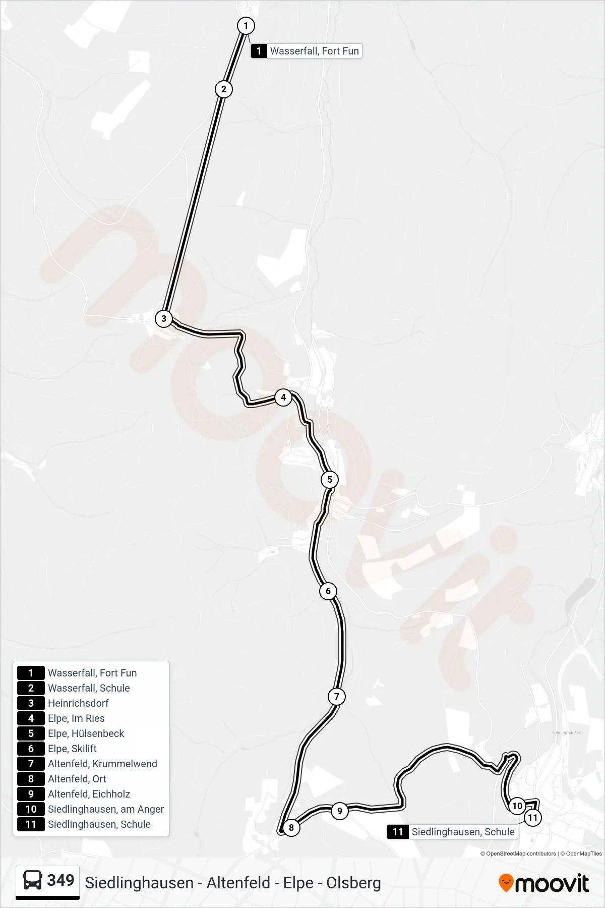 349 bus Line (Siedlinghausen) route and stops on a map
