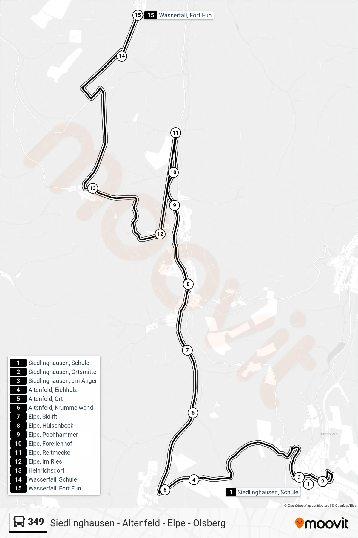 349 bus Line (Fort Fun) route and stops on a map