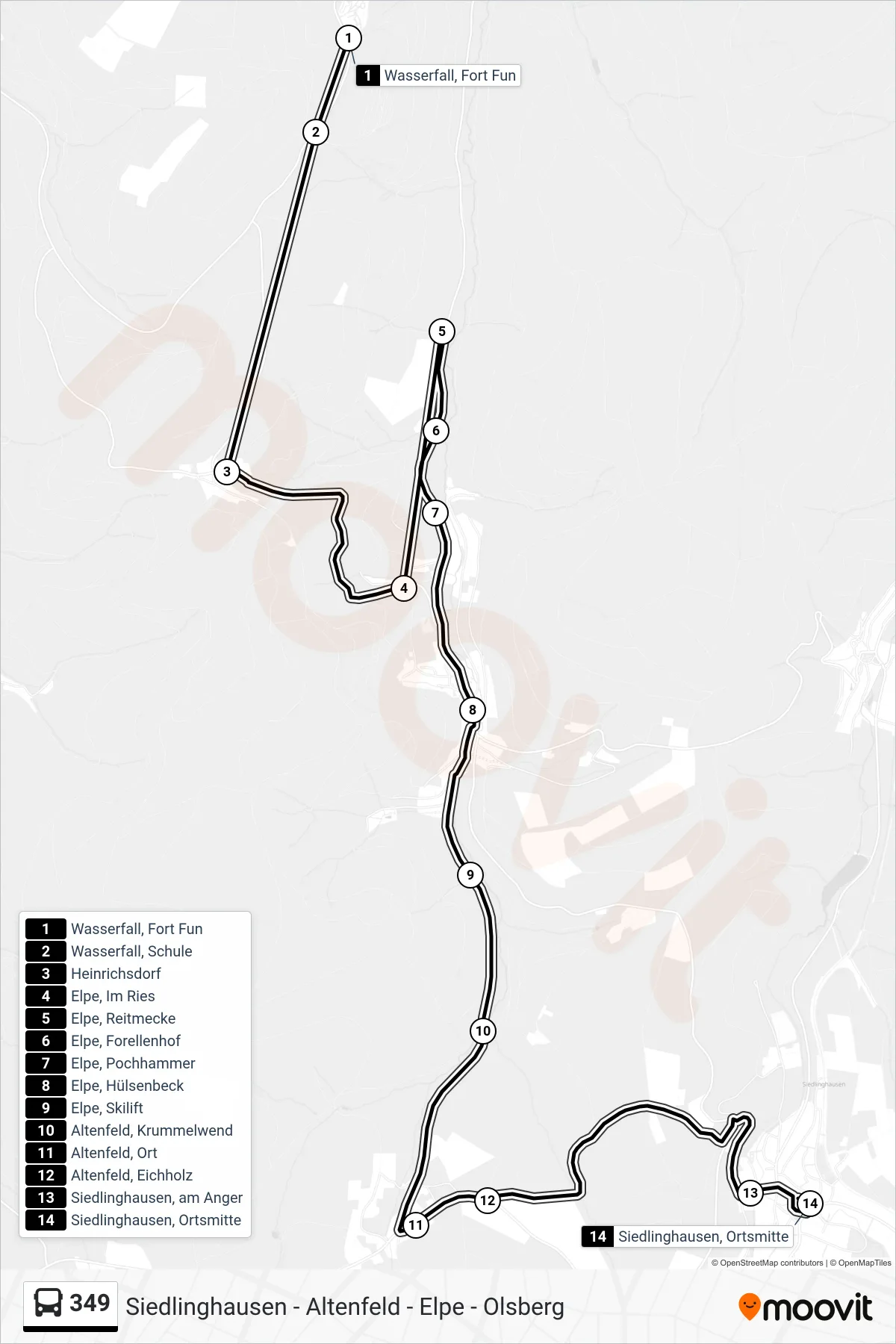 349 bus Line (Siedlinghausen, Ortsmitte) route and stops on a map