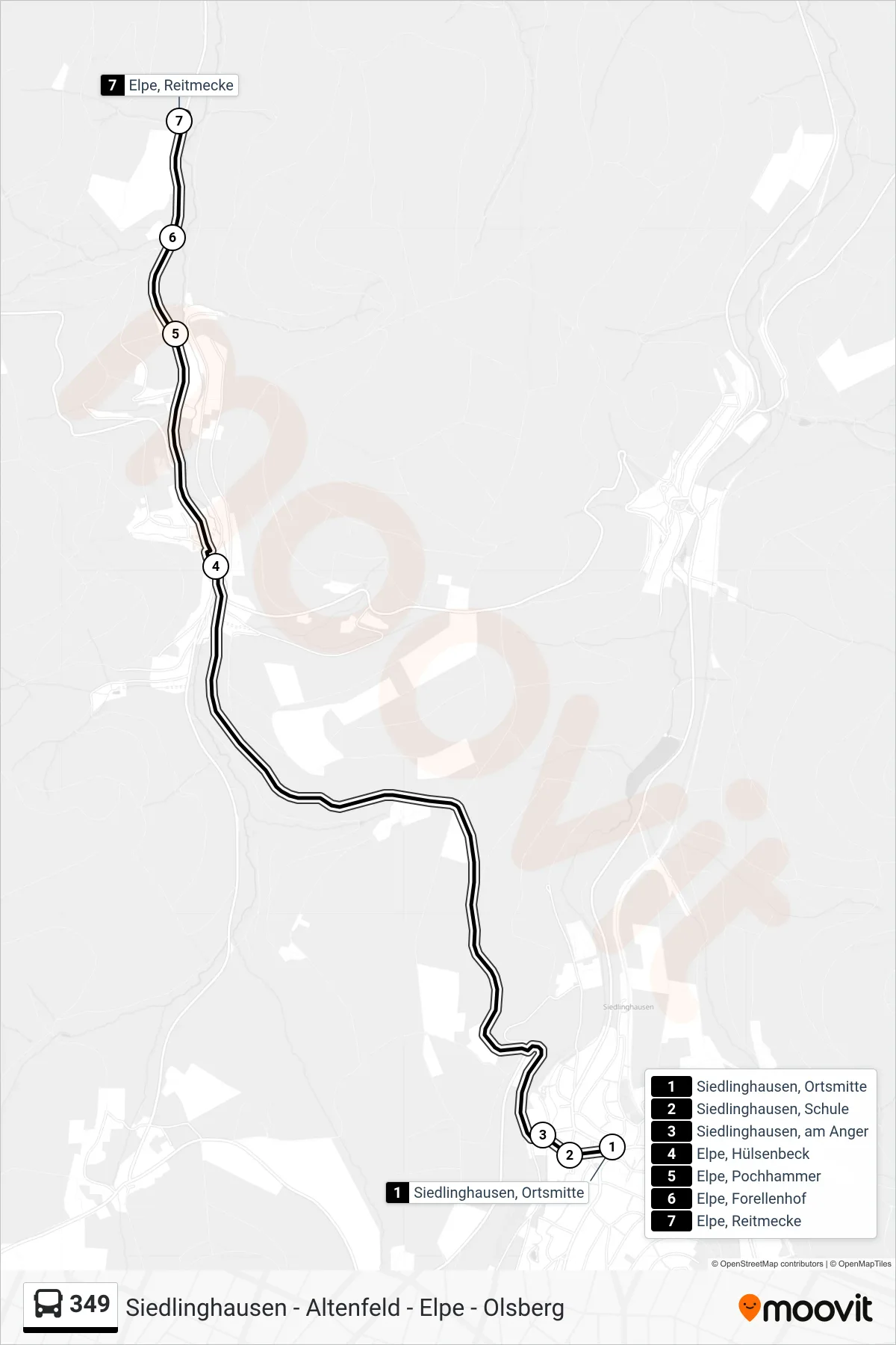 349 bus Line (Elpe, Reitmecke) route and stops on a map