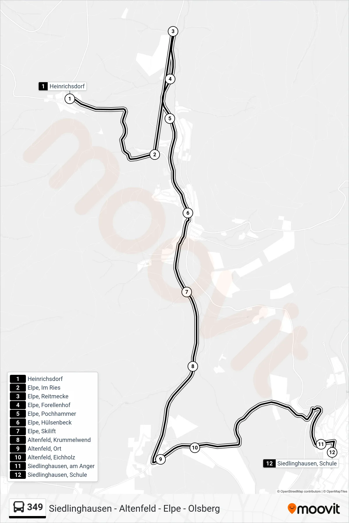 349 bus Line (Siedlinghausen, Schule) route and stops on a map