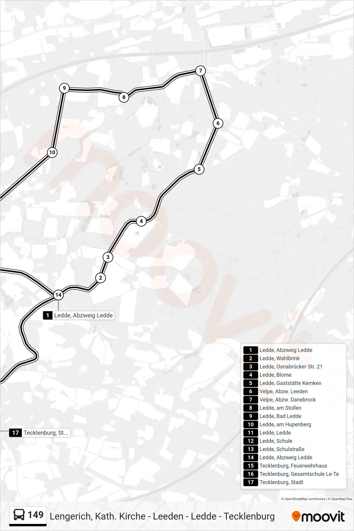 149 bus Line (Tecklenburg, Stadt Bstg D) route and stops on a map