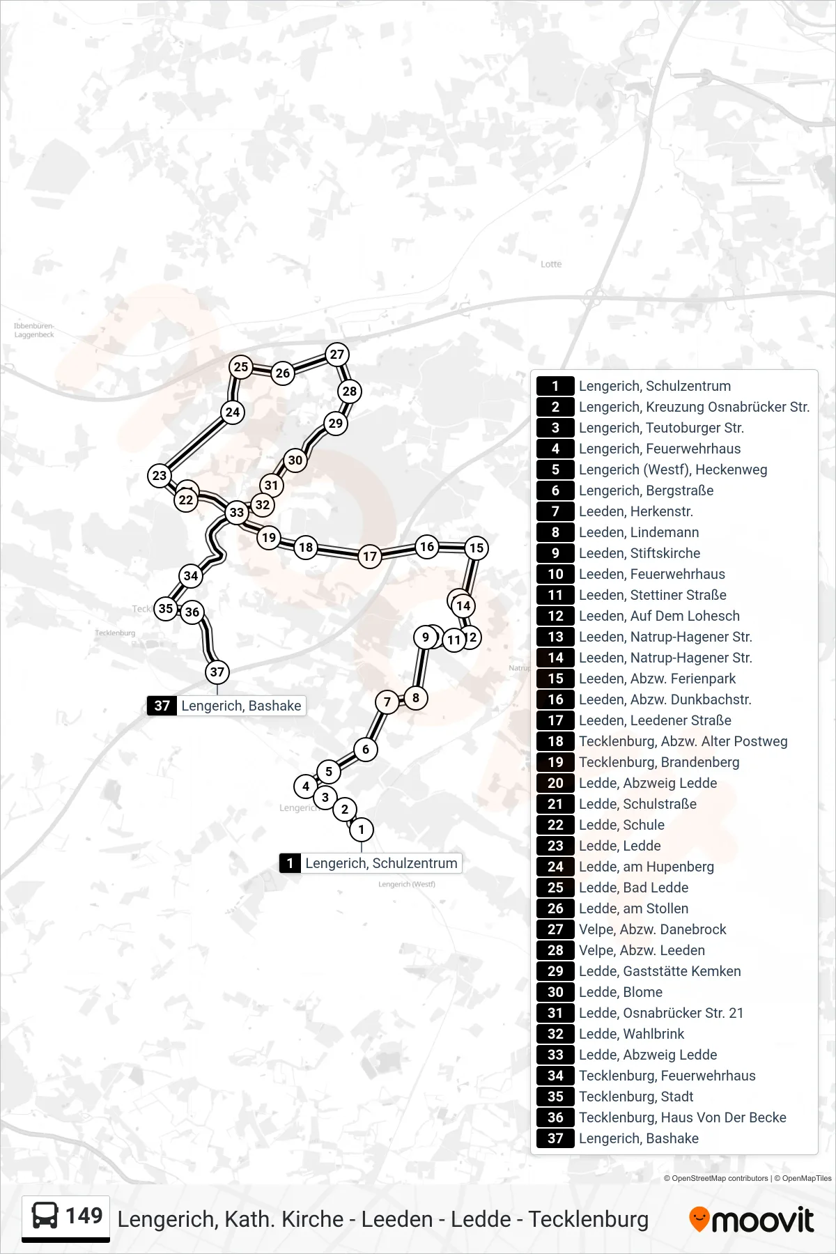 149 bus Line (Lengerich, Bashake) route and stops on a map