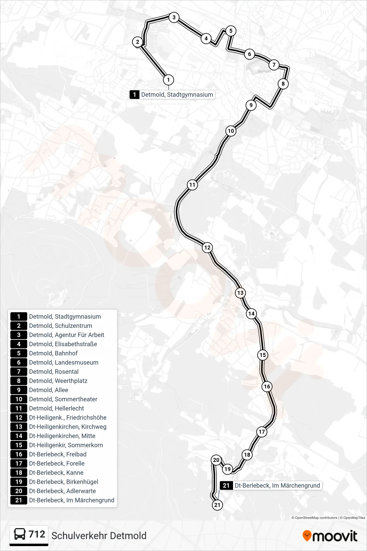 712 bus Line (Berlebeck) route and stops on a map
